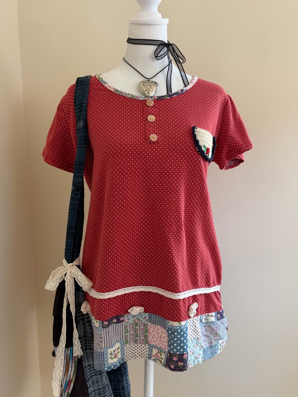 Vintage patchwork crochet lace babydoll polka dot top cottagecore grunge lolita